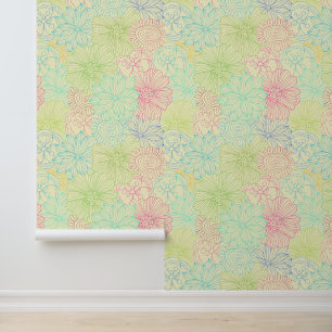 Kleurrijke Crème Doodle bloemmotief Behang