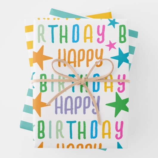 Kleurrijke Custom en White Stripes Happy Birthday Inpakpapier Vel (In situ)