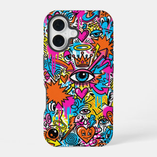 Kleurrijke Cyberpunk Doodle Eye iPhone 16 hoesje