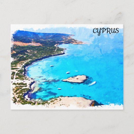 Kleurrijke Cyprus Kustlandschap Waterverf Reizen Briefkaart (Voorkant)