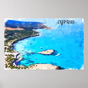Kleurrijke Cyprus Kustlandschap Waterverf Reizen Poster