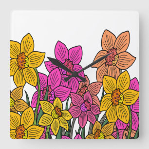 Kleurrijke Daffodils Bloemen Ontwerp Vierkante Klok