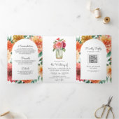 Kleurrijke Dahlia Floral Mason Jar QR Code Bruilof Drieluik Uitnodiging (Binnen)