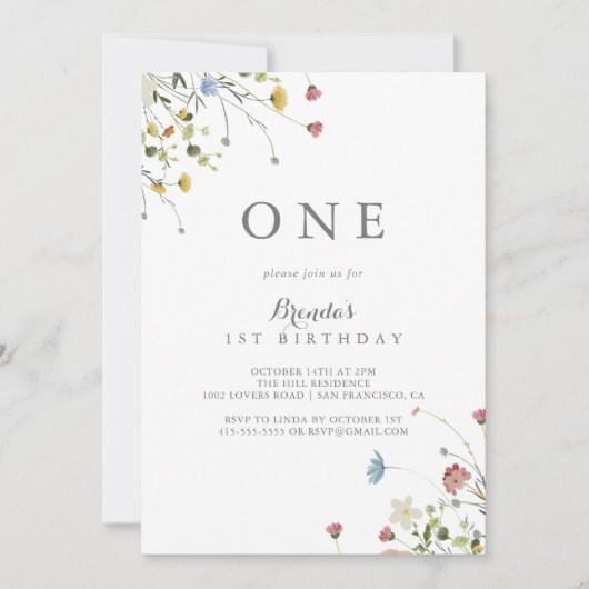 Kleurrijke delicate wilde bloemen eerste verjaarda kaart (Voorkant)