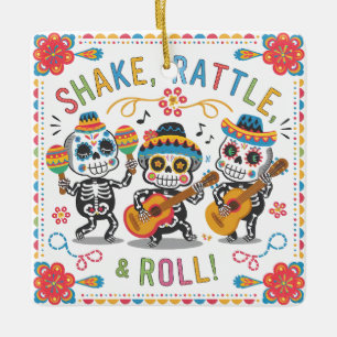 Kleurrijke Día de los Muertos Fiesta Skeletband Keramisch Ornament
