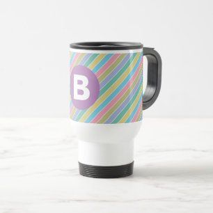 Kleurrijke diagonale snoepstrepen paarse monogram reisbeker