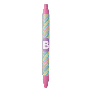 Kleurrijke diagonale snoepstrepen paarse monogram zwarte inkt pen