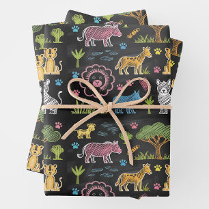 Kleurrijke dieren en bomen zijn gerangschikt inpakpapier vel