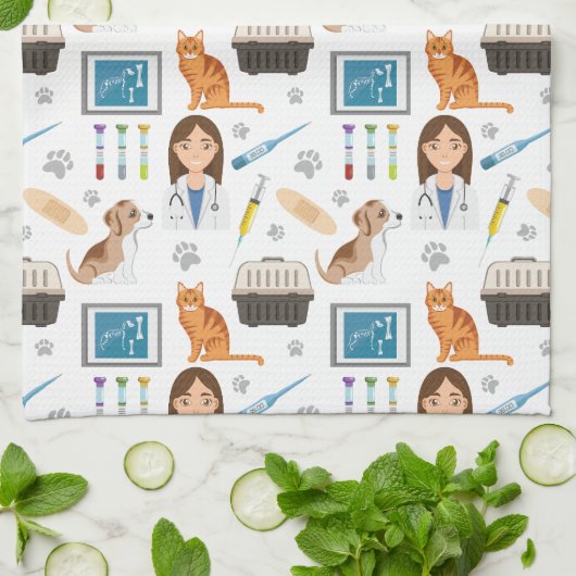 Kleurrijke Diergeneeskundige Arts Vet DVM Patroon Theedoek (Gevouwen)