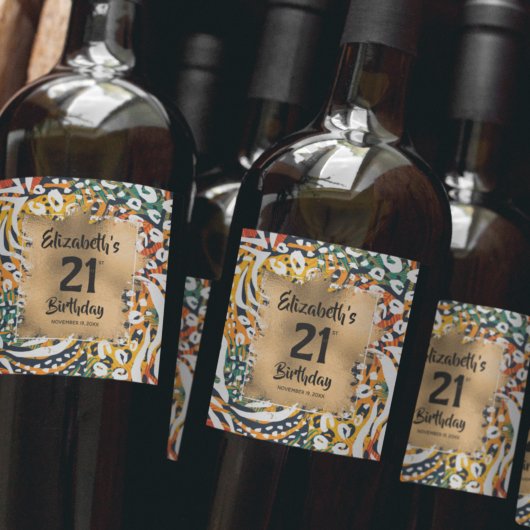 Kleurrijke dierlijke afdruk 21e verjaardag op maat wijn etiket