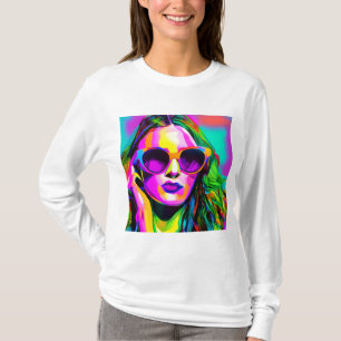 Kleurrijke Digitale Kunst Dame in Zonnebril T-shirt