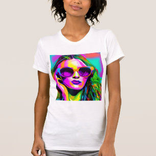 Kleurrijke Digitale Kunst Dame in Zonnebril T-shirt