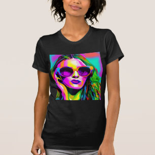 Kleurrijke Digitale Kunst Dame in Zonnebril T-shirt