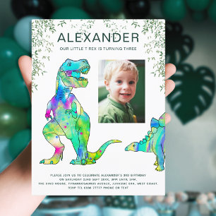 Kleurrijke Dinosaur Boys 3e Verjaardagsfeest Foto Uitnodiging Briefkaart