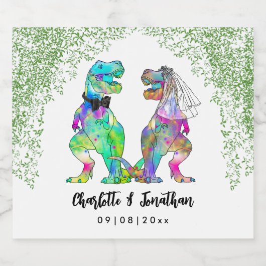Kleurrijke Dinosaur Theme Wedding Custom Sparkling Wijnetiket (Enkel label)