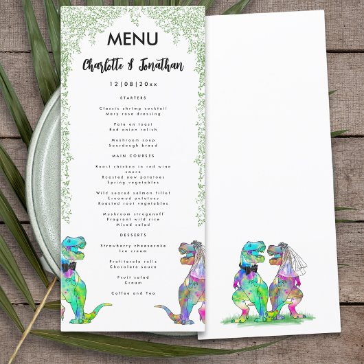 Kleurrijke dinosaurus thema bruiloft menu