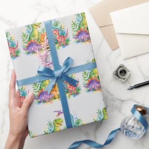 Kleurrijke Dinosaurus Verjaardagsfeest Cadeaupapier