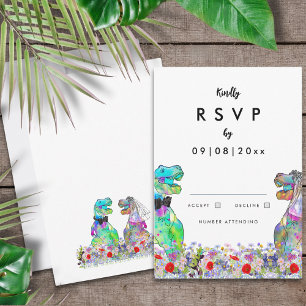 Kleurrijke Dinosaurus Wilde Bloemen Bruiloft RSVP Kaartje