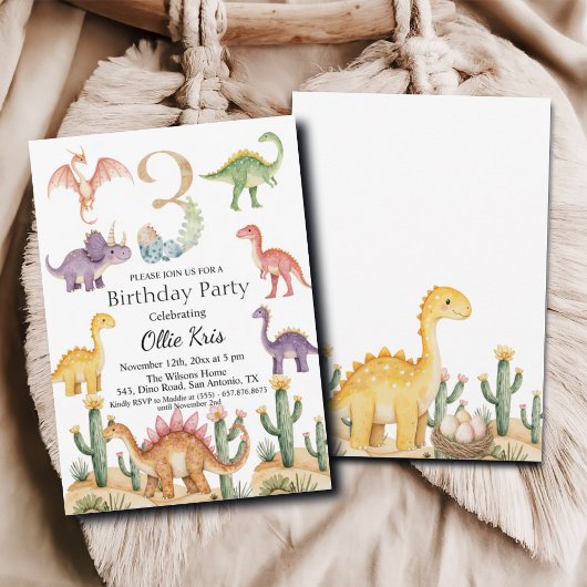 Kleurrijke dinosaurussen 3e verjaardagsfeest kaart