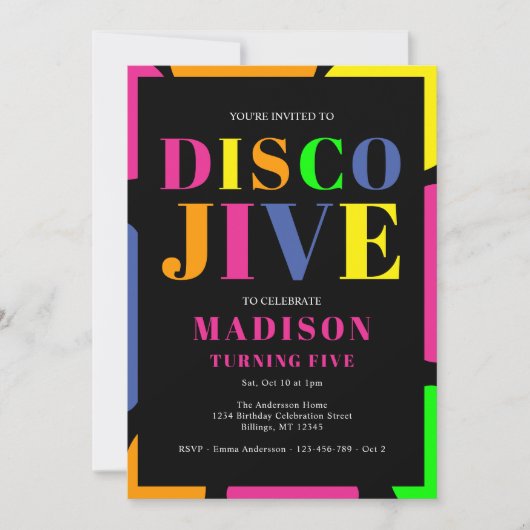 Kleurrijke Disco Jive Turning Vijf Verjaardagsfees Kaart (Voorkant)