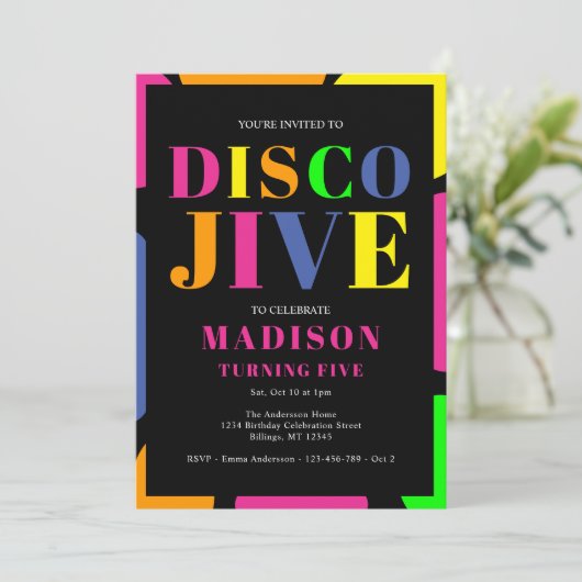 Kleurrijke Disco Jive Turning Vijf Verjaardagsfees Kaart (Staand voorkant)