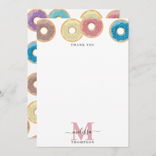 Kleurrijke Donuts & Sprinkles Monogram Bedankkaart (Voorkant / Achterkant)