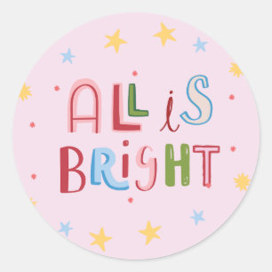 Kleurrijke Doodle All is Bright Christmas Kaart Ronde Sticker