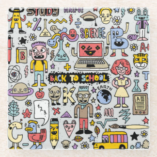 Kleurrijke Doodle School  Set Glazen Onderzetter