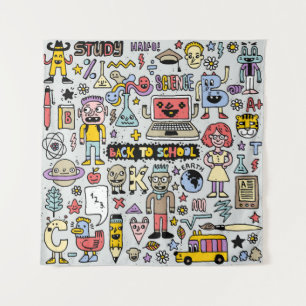 Kleurrijke Doodle School  Set Wandkleed