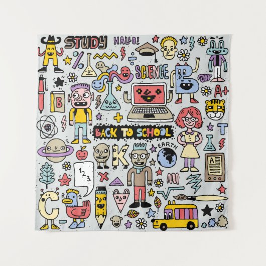 Kleurrijke Doodle School Set Wandkleed (Voorkant)