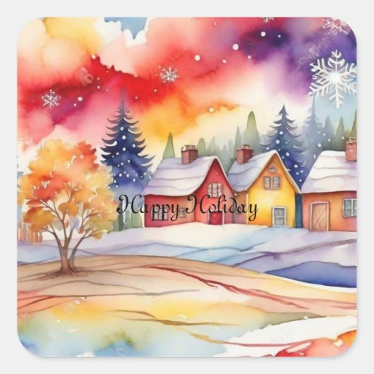 Kleurrijke Dorp waterverf Vierkante Sticker (Voorkant)