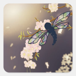 Kleurrijke Dragonfly en Cherry Blossom schilderij Vierkante Sticker