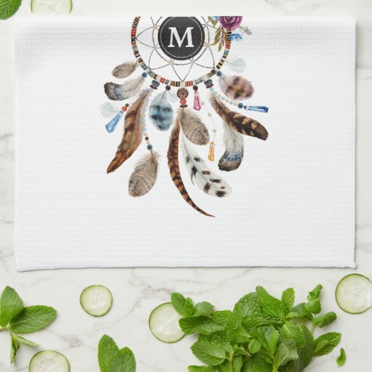 Kleurrijke Dreamcatcher bloemen en veren Theedoek (Gevouwen)