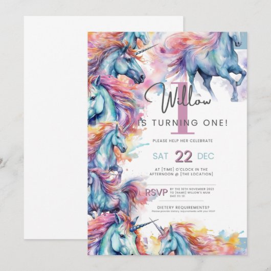 Kleurrijke eenhoorn eerste verjaardag uitnodiging (Voorkant / Achterkant)