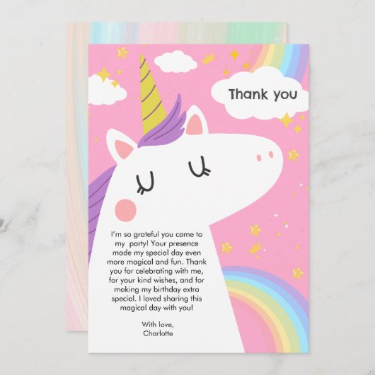 Kleurrijke Eenhoorn en Regenboog Verjaardagsfeest Bedankkaart (Voorkant / Achterkant)