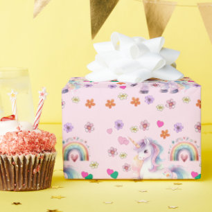 Kleurrijke Eenhoorn Regenboog Bloemen Verjaardagsf Cadeaupapier