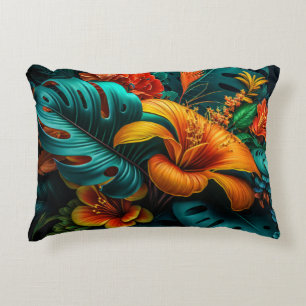 Kleurrijke Elegante Tropische Bladeren en Bloemen Accent Kussen