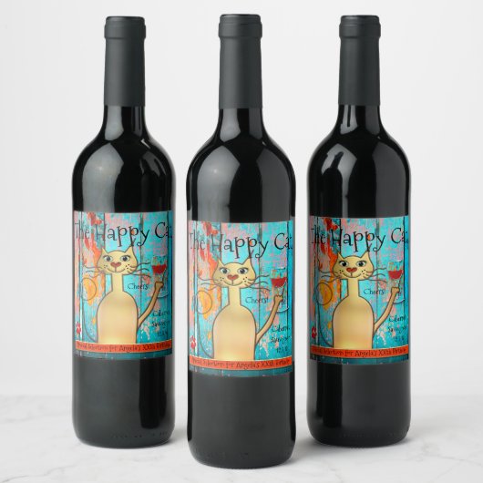 Kleurrijke en grappige Happy Cat Custom Wine Label Wijn Etiket (Flessen)