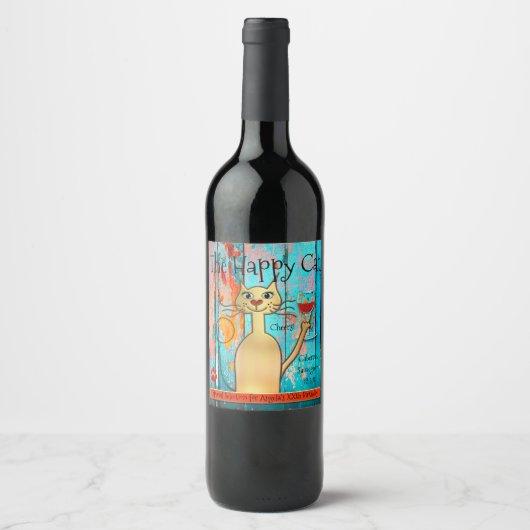 Kleurrijke en grappige Happy Cat Custom Wine Label Wijn Etiket (Voorkant)