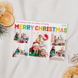 Kleurrijke en heldere vrolijke kerstdagen vijf fot feestdagenkaart