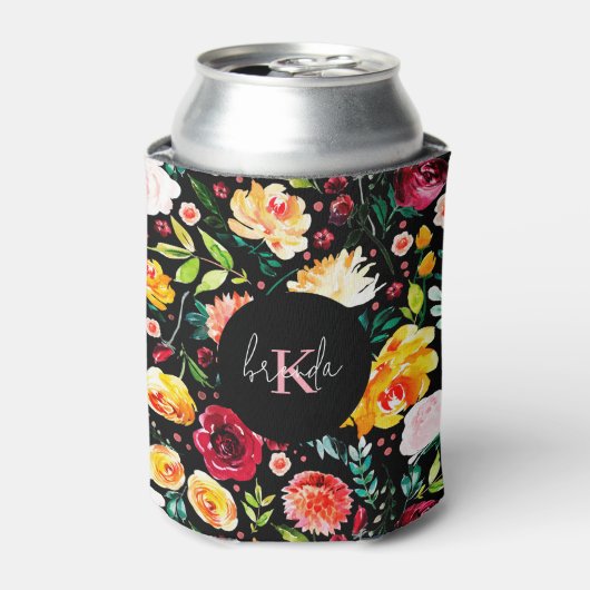 Kleurrijke Engelse tuin bloemen patroon monogramme Blikjeskoeler (Blikje Voorkant)