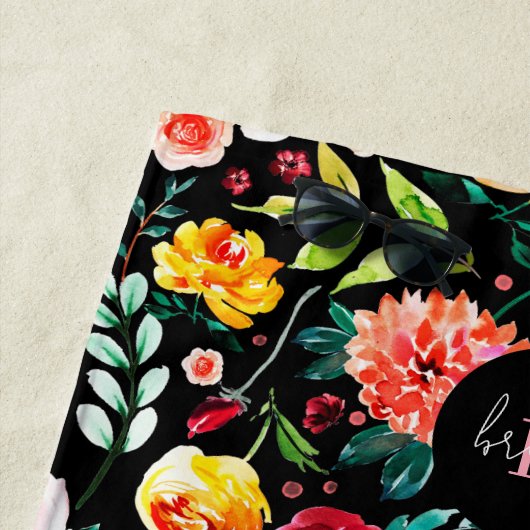 Kleurrijke Engelse tuin bloemen patroon monogramme Strandlaken (In situ)