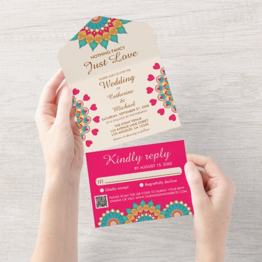 Kleurrijke etnische Mandala Bold & Heldere Bruilof All In One Uitnodiging (Afscheurbaar)