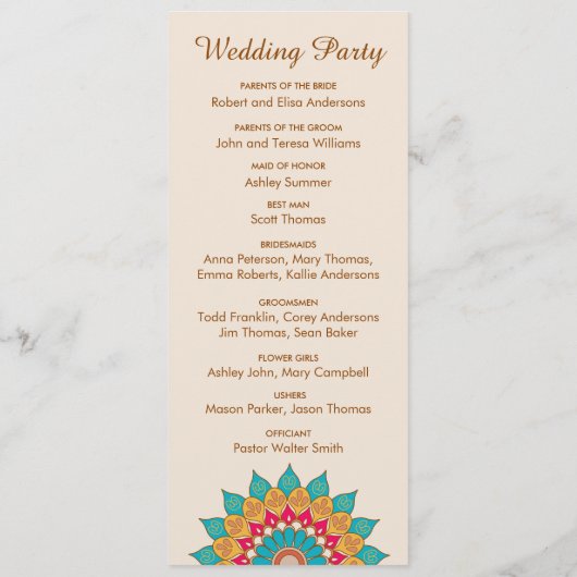 Kleurrijke etnische Mandala Bold & Heldere Bruilof Programma (Achterkant)
