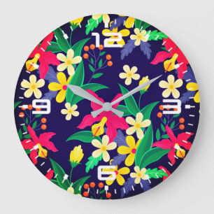 Kleurrijke Exotische Bloemen Bladeren Patroon-2302 Grote Klok
