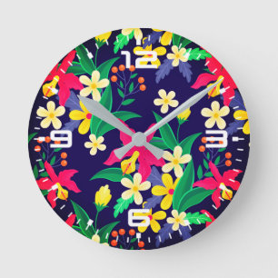 Kleurrijke Exotische Bloemen Bladeren Patroon-2302 Ronde Klok