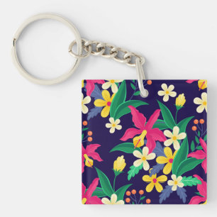 Kleurrijke Exotische Bloemen Bladeren Patroon-2302 Sleutelhanger