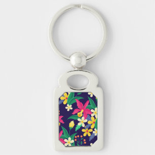 Kleurrijke Exotische Bloemen Bladeren Patroon-2302 Sleutelhanger