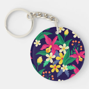 Kleurrijke Exotische Bloemen Bladeren Patroon-2302 Sleutelhanger