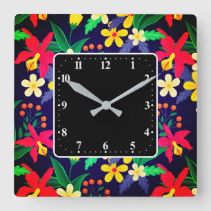 Kleurrijke Exotische Bloemen Bladeren Patroon-2302 Vierkante Klok